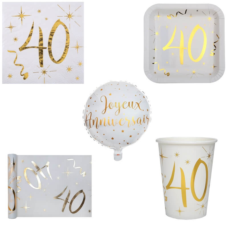 Pack 40ans Or et Blanc - 20 personnes : Décorations anniversaire 40 ans -  Sparklers Club