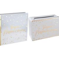 Pack joyeux anniversaire livre et tirelire blanc et or