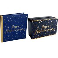 Pack joyeux anniversaire livre et tirelire bleu et or