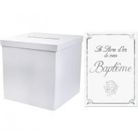 Pack livre d or et urne bapteme blanc et argent