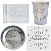 Pack vaisselle jetable joyeux anniversaire blanc et argent metallise