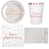 Pack vaisselle jetable joyeux anniversaire blanc et rose gold