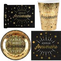 Pack vaisselle jetable joyeux anniversaire noir et or metallise