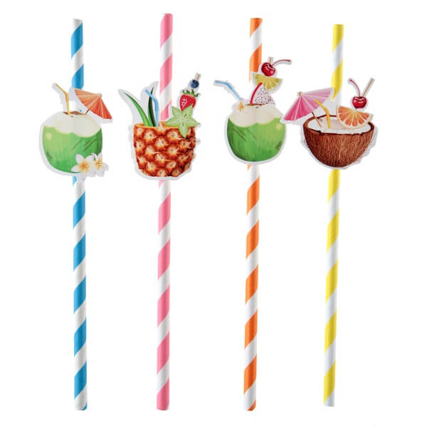 Lot de 12 Pailles flexibles rayées Cocotiers Alu cocktail, longueur 24 cm,  pour anniversaire ou soirée