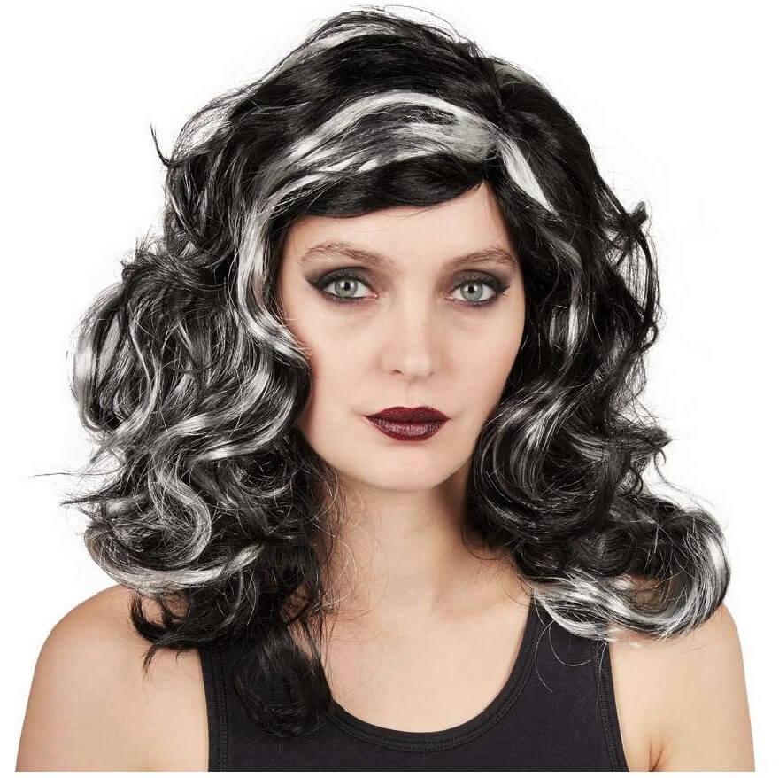 Perruque adulte femme halloween de sorciere gris et noir