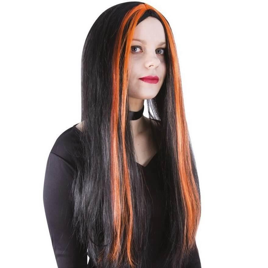 Perruque longue de sorciere noire et orange