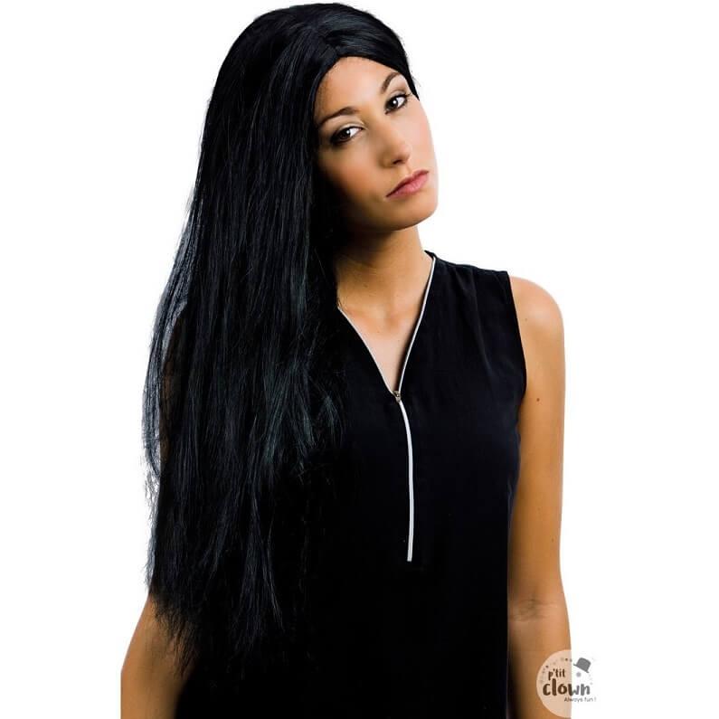 Perruque longue noire et raide de 60cm