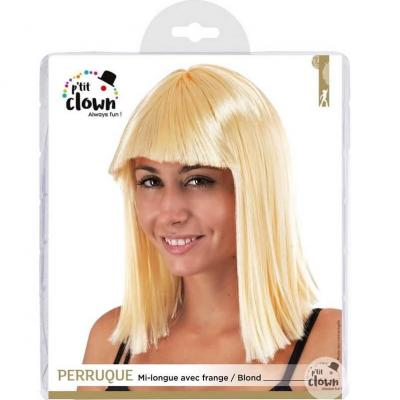 Perruque mi longue raide blonde avec frange