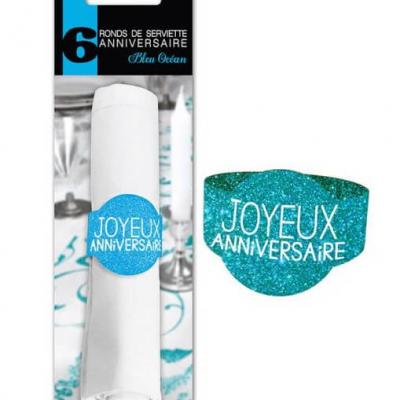 Rond de serviette elegant anniversaire bleu paillete