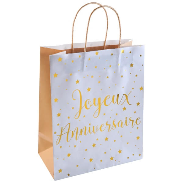 Sac cadeau anniversaire blanc et or