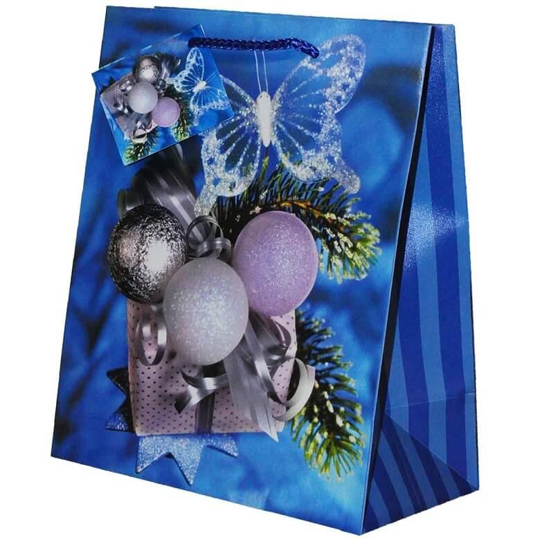 Sac cadeau avec decoration boule de noel bleu