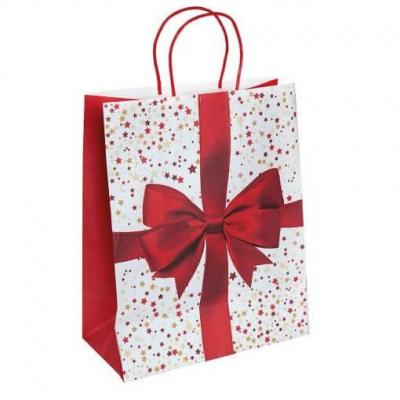 Sac cadeau de Noël blanc avec noeud décoratif rouge 32cm (x1) REF/6509