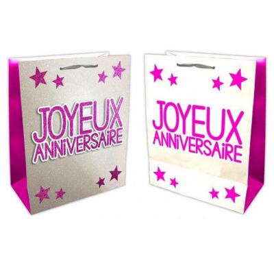 Sac joyeux anniversaire fuchsia et argent (x1) REF/SACP00F