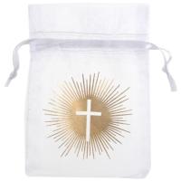 Sachet a dragee communion croix blanc et or