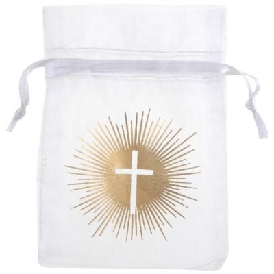 Sachet Communion croix blanc et or métallique pour dragées (x6) REF/6849