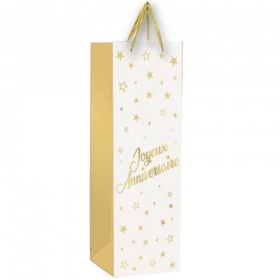 1 Joli sac cadeau blanc et doré or Joyeux Anniversaire pour emballage bouteille REF/SACMB00OR