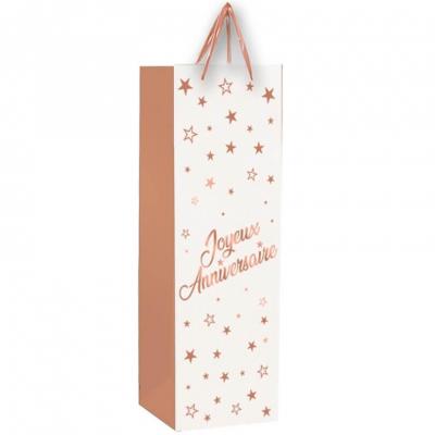 1 Joli sac cadeau blanc et rose gold Joyeux Anniversaire pour emballage bouteille REF/SACMB00RG