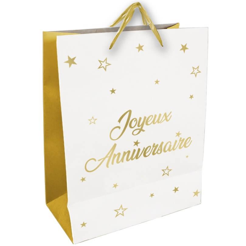 Sacmg00or emballage sachet cadeau joyeux anniversaire blanc dore or