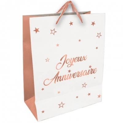 1 Joli sac blanc et rose gold Joyeux Anniversaire pour des emballages de cadeaux 39.5cm H. REF/SACMG00RG