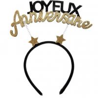 Serre tete joyeux anniversaire dore or paillete et noir