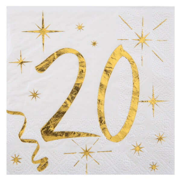 Serviette anniversaire 20ans blanche et or