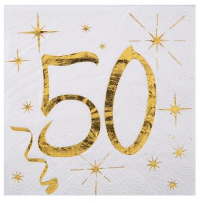 Serviette anniversaire 50ans blanche et or