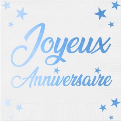 Serviette de table Joyeux Anniversaire blanche et bleue métallisée (x24) REF/STAM00B