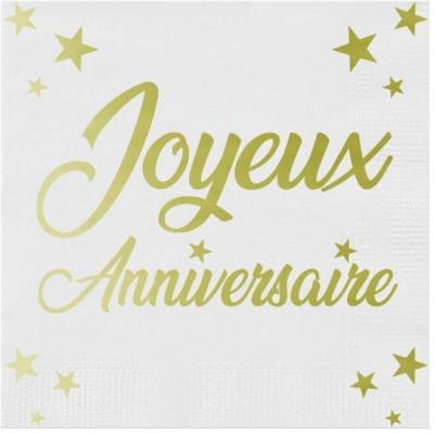 Serviette de table Joyeux Anniversaire blanche et dorée or métallisée (x24) REF/STAM00OR