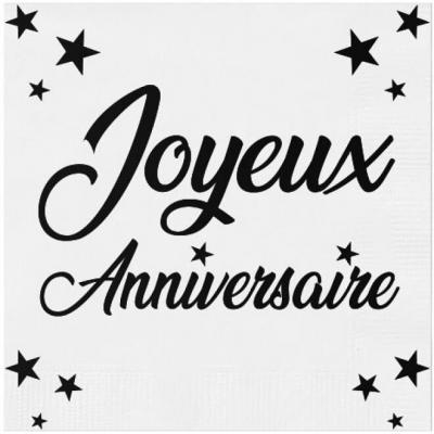 Serviette de table Joyeux Anniversaire blanche et noire métallisée (x24) REF/STAM00BA