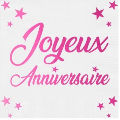 Serviette de table Joyeux Anniversaire blanche et rose fuchsia métallisée (x24) REF/STAM00F