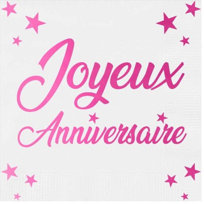 Serviette anniversaire papier blanche et rose fuchsia metallisee