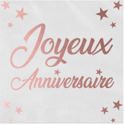 Serviette de table Joyeux Anniversaire blanche et rose gold métallisée (x24) REF/STAM00RG