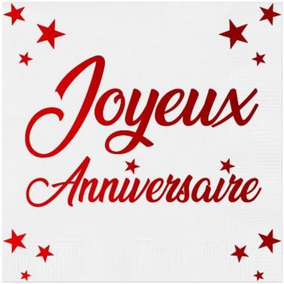 Serviette anniversaire papier blanche et rouge metallisee