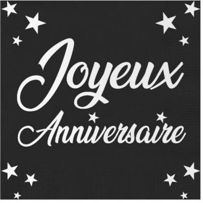 Serviette de table Joyeux Anniversaire noire et argentée métallisée (x24) REF/STAM00N