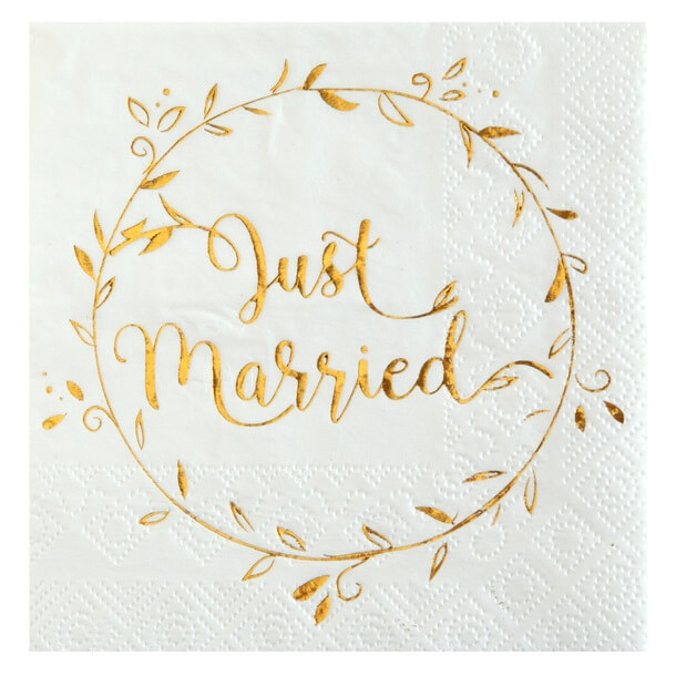 Serviette cocktail mariage blanche et doree just married