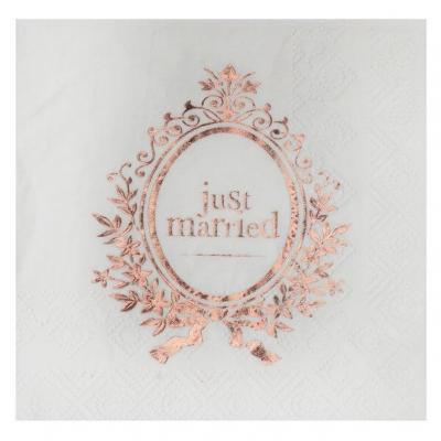 Serviette cocktail mariage Just Married blanche et rose gold métallisée (x20) REF/6902