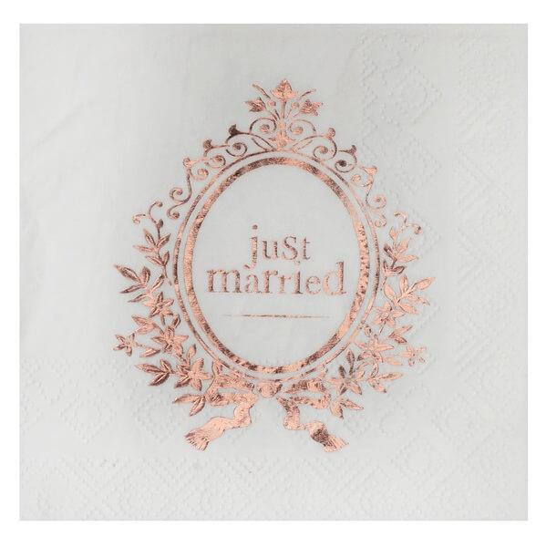 Serviette cocktail mariage just married blanche et rose gold