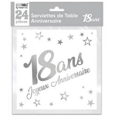 Serviette de table anniversaire 18 ans blanche et argentée métallisée (x24) REF/STAM01A