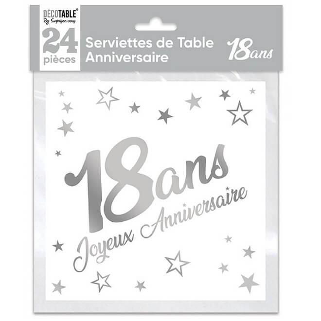 Serviette de table anniversaire 18 ans blanche et argentee metallisee