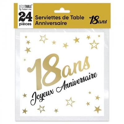 24 Serviettes de table pour anniversaire 18 ans en doré or métallisée blanche REF/STAM00OR01