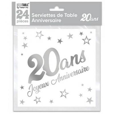 Serviette de table anniversaire 20 ans blanche et argentée métallisée (x24) REF/STAM02A