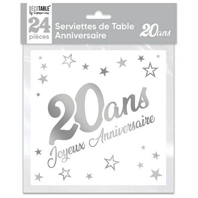 Serviette de table anniversaire 20 ans blanche et argentee metallisee