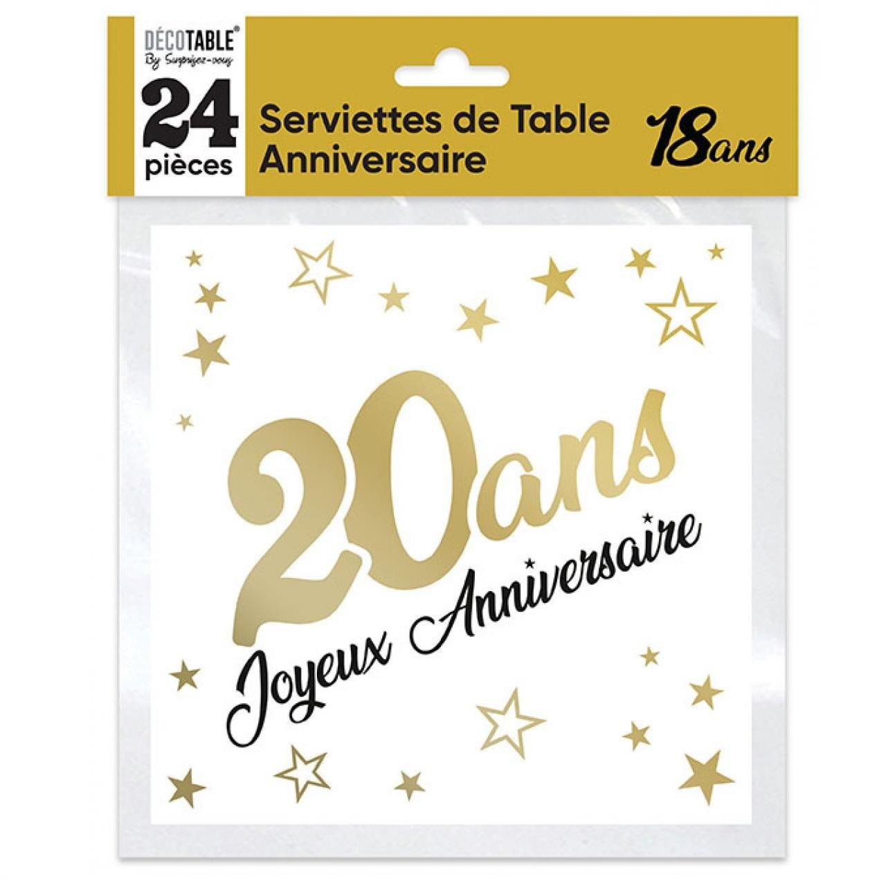 Serviette de table anniversaire 20 ans doree or metallisee et blanche