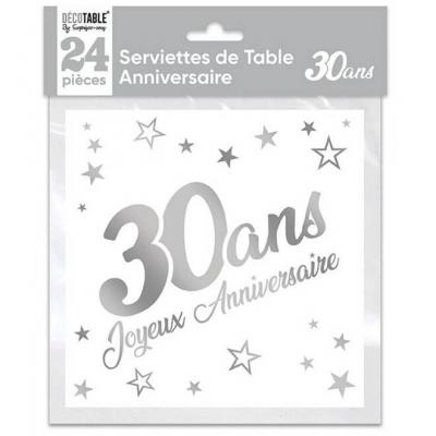 Serviette de table anniversaire 30 ans blanche et argentée métallisée (x24) REF/STAM03A