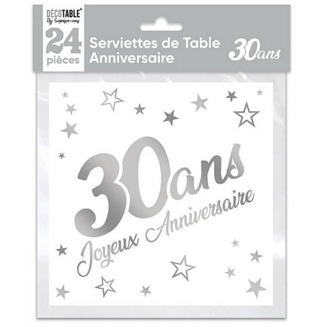 Serviette de table anniversaire 30 ans blanche et argentee metallisee