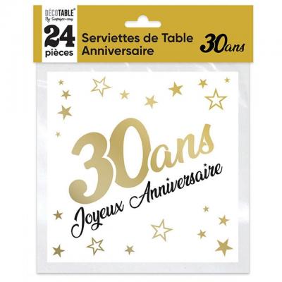 24 Serviettes de table pour anniversaire 30 ans en doré or métallisée blanche REF/STAM00OR03