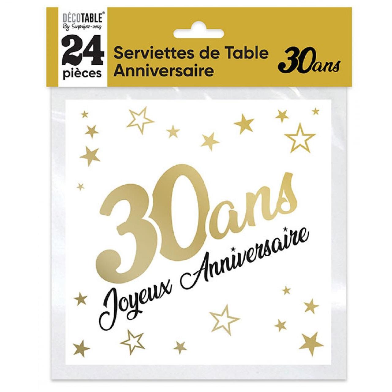 Serviette de table anniversaire 30 ans doree or metallisee et blanche