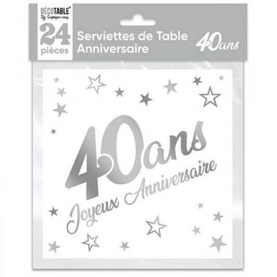 Serviette de table anniversaire 40 ans blanche et argentée métallisée (x24) REF/STAM04A