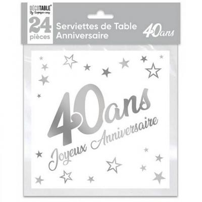 Serviette de table anniversaire 40 ans blanche et argentee metallisee