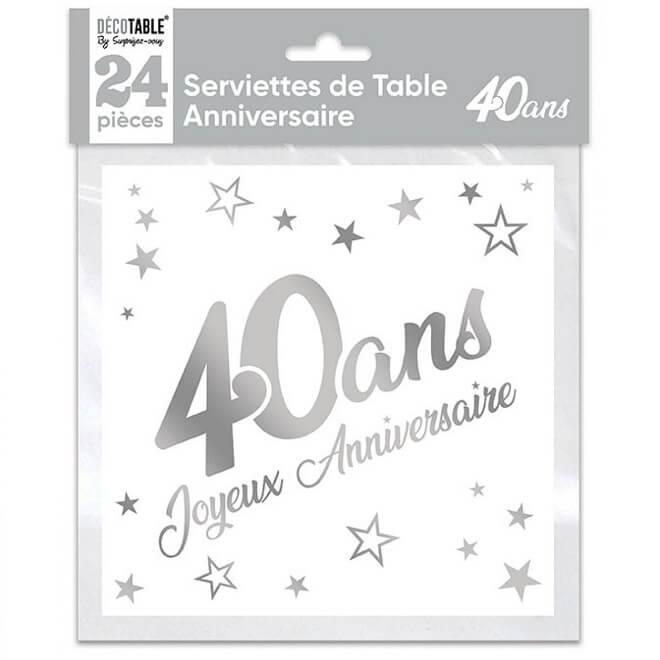 Serviette de table anniversaire 40 ans blanche et argentee metallisee